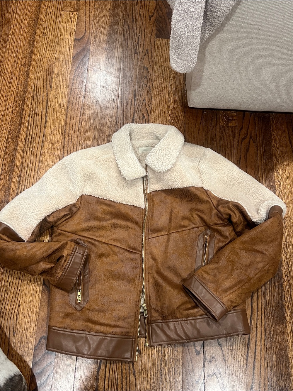 MOTHER Cream Sherpa Jacket with faux tan suede